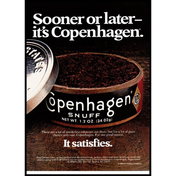 1985 Copenhagen Snuff Tin Can Vintage Print Ad Smokeless Tobacco Wall Art Photo - Picture 1 of 2